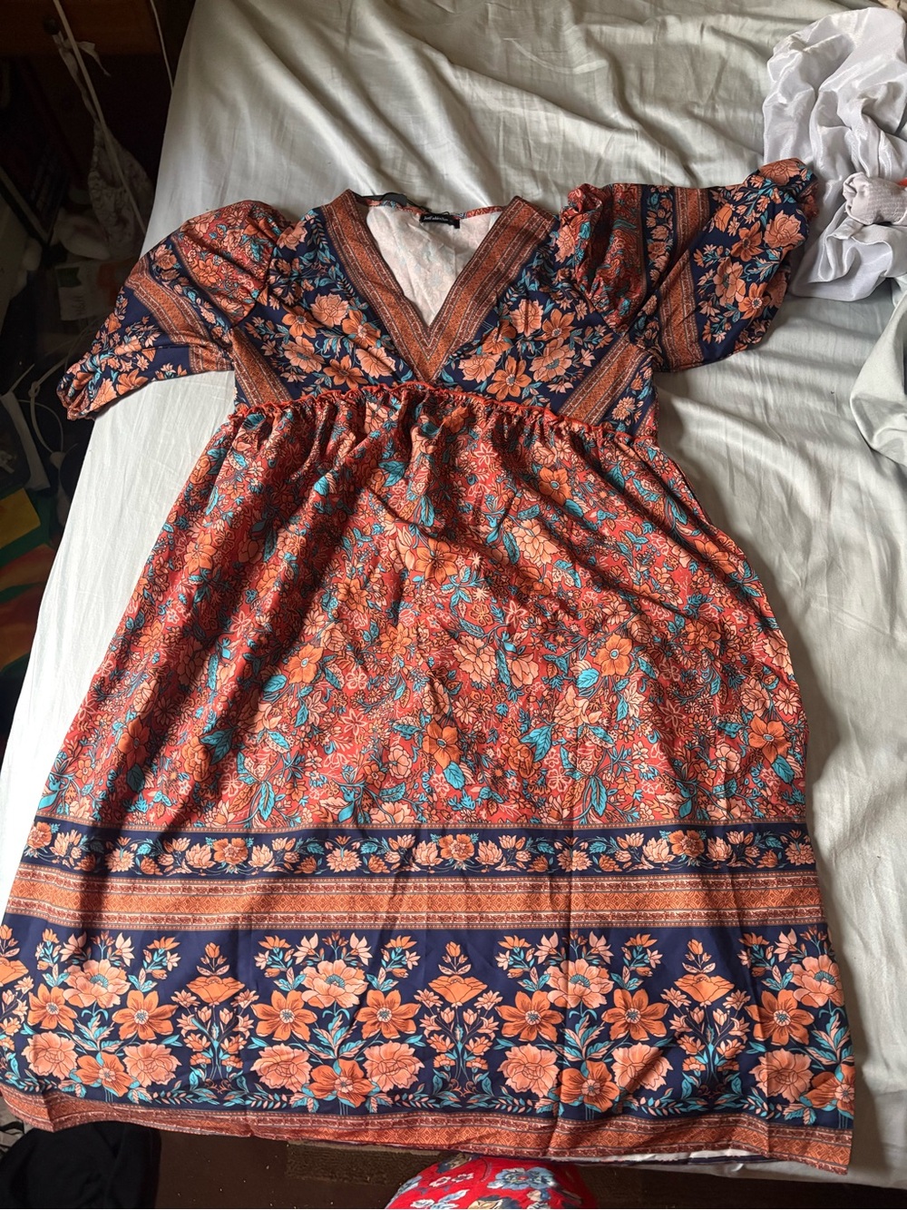 Boho Floral Midi Dress - Navy & Rust